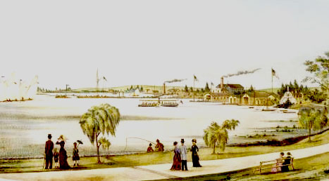 historic illustration of Lake Wendouree with people in heritage dress