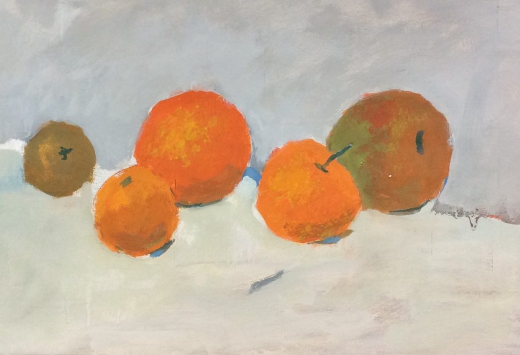 water colour still-life painting of seville oranges in orange green and white or light background