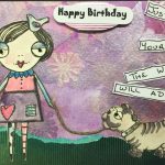 Cartoon drawn little girl with dog on a leash, colours lavender and green