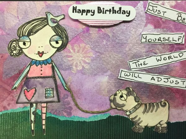 Cartoon drawn little girl with dog on a leash, colours lavender and green