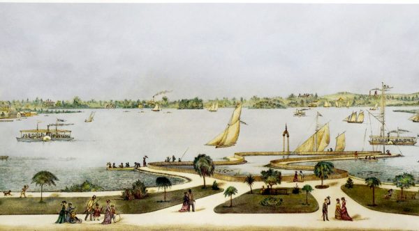 historic illustration of Lake Wendouree with people in heritage dress