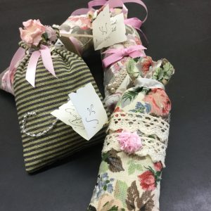 Hand sewn potpourri sachets in country cottage fabrics in olive and cream colours