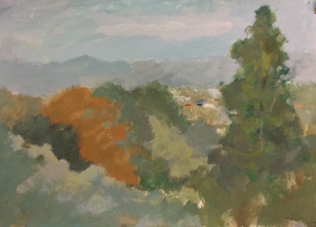 landscape painting of clunes autumn colours orange greys and greens