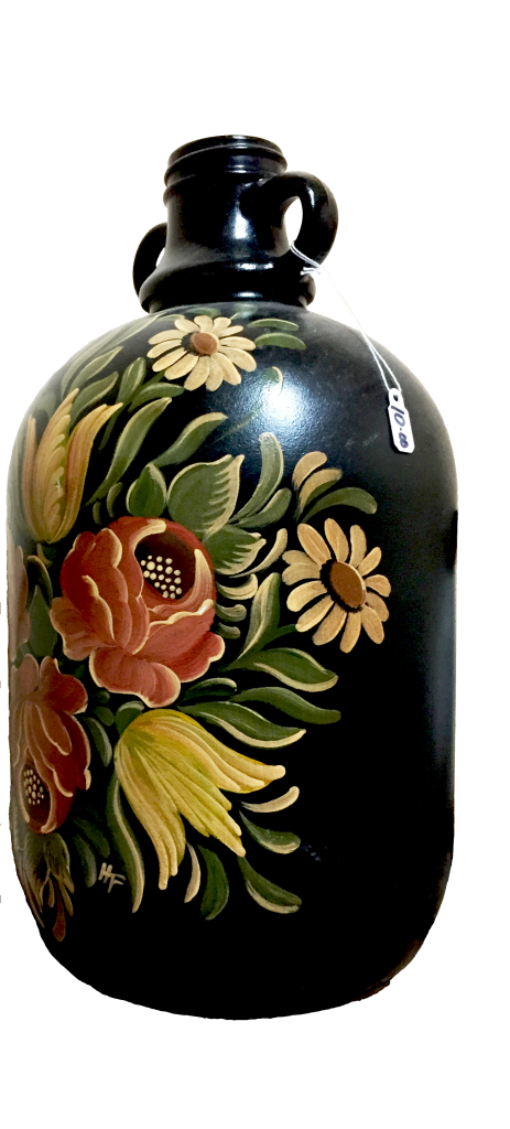decorative vase, black with rust and yellow flowers