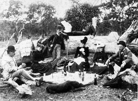 Vintage photo of group picnicing in the bush