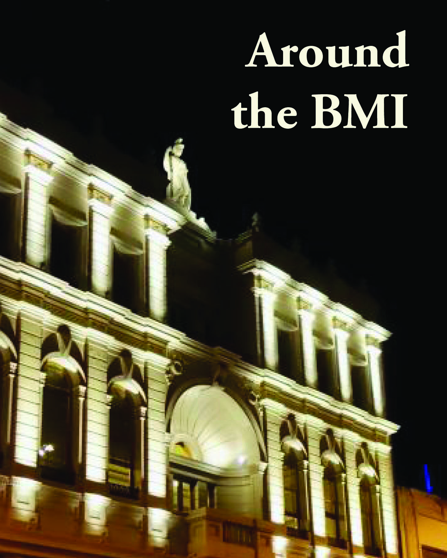 image of the BMI at night, lighting projected up to a black sky