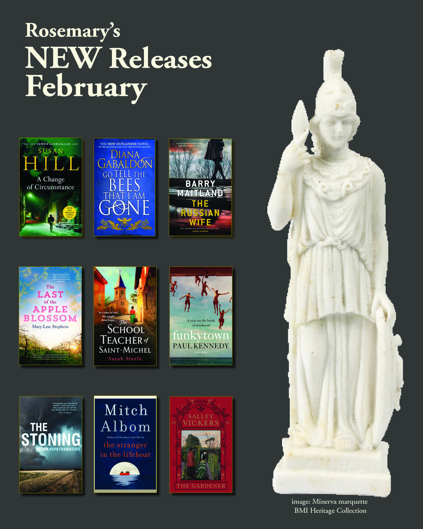 images of 9 book covers on a grey background with a white miniature of the statue of Minerva