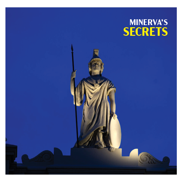 image of the statue of minerva at night, dark blue sky with statue up light