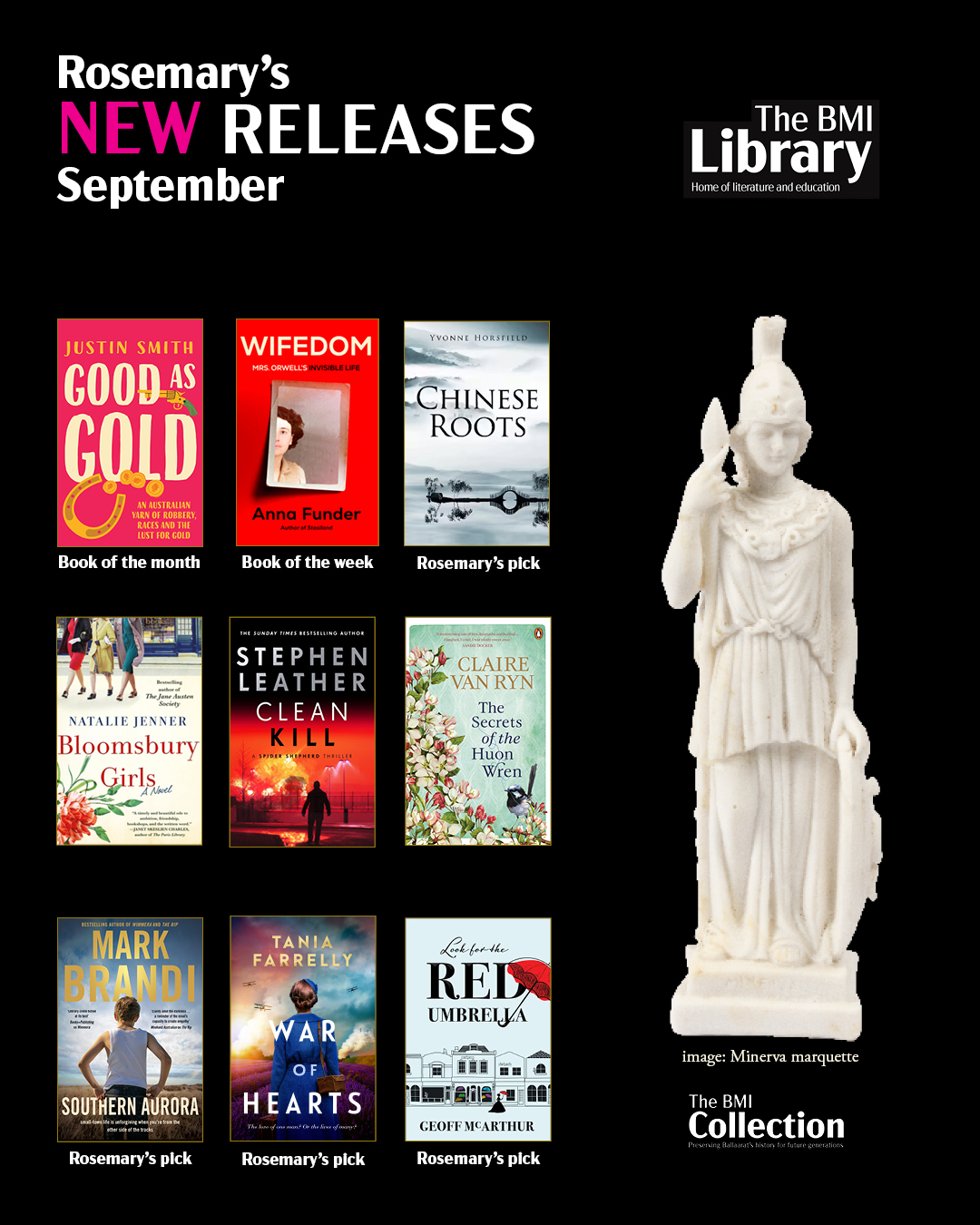 Book covers on black background with a statuette of Minerva