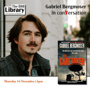 Portrait of author with book title