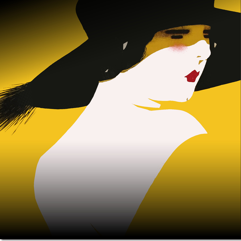 Stylised illustration of woman in wide-brimmed black hat
