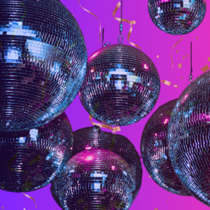 Multiple glittering disco balls with confetti on pink background