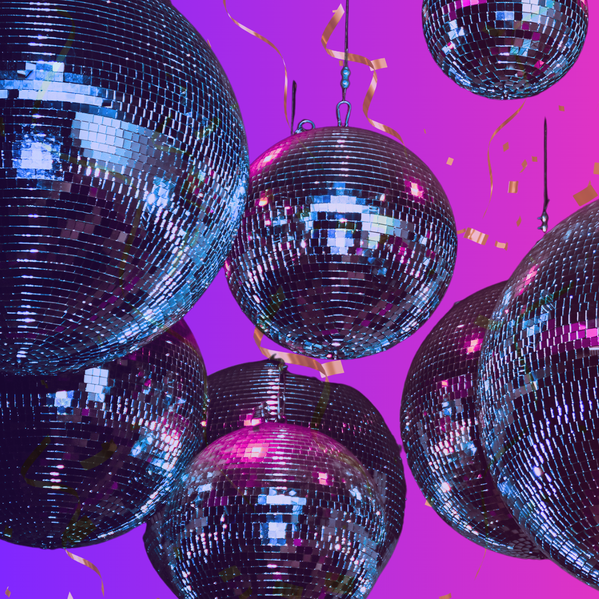 Multiple glittering disco balls with confetti on pink background