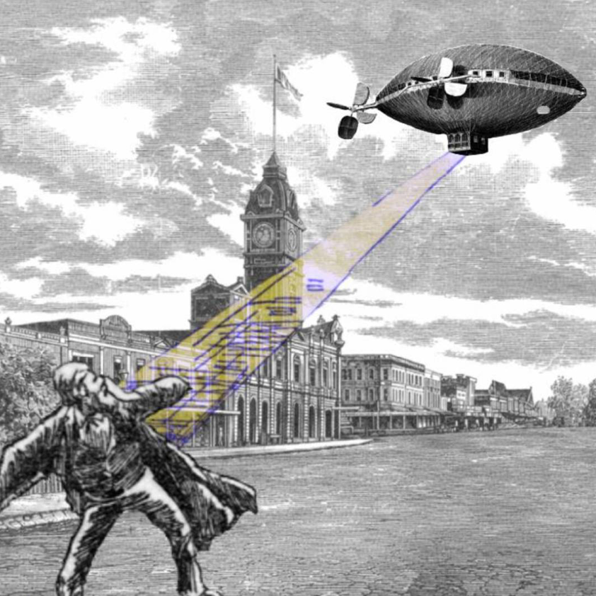 Victorian era engraving of airship over town with light beam
