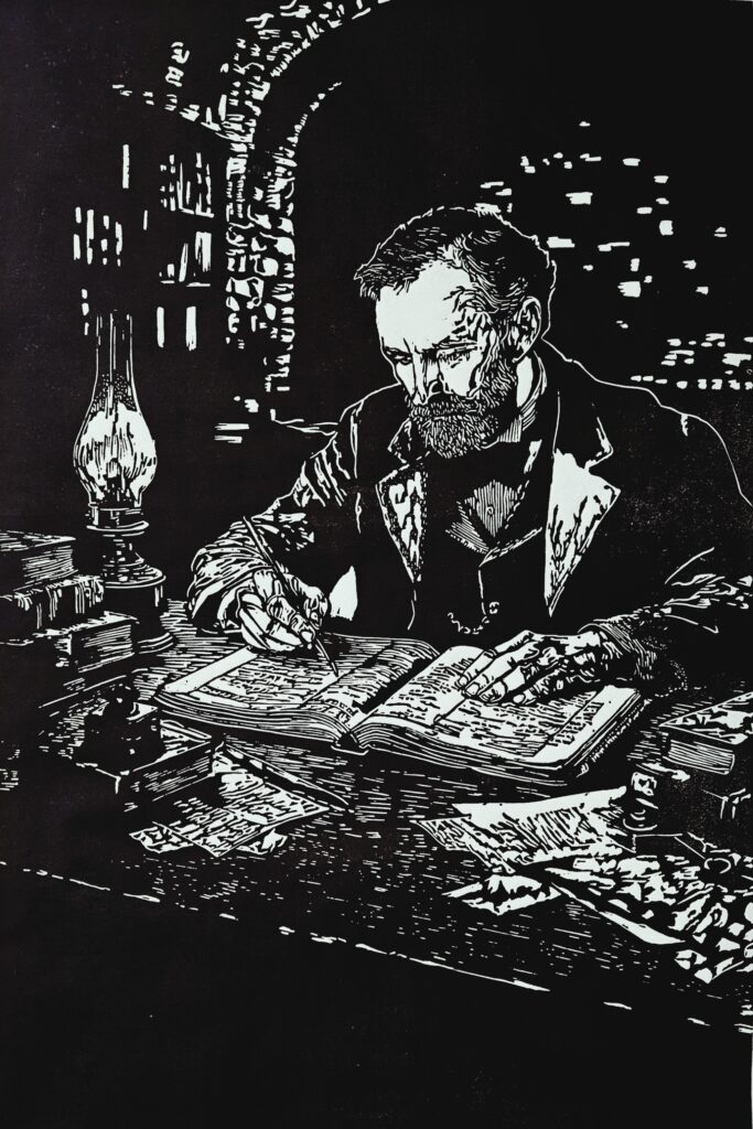 Victorian era man reading by lamplight woodcut illustration