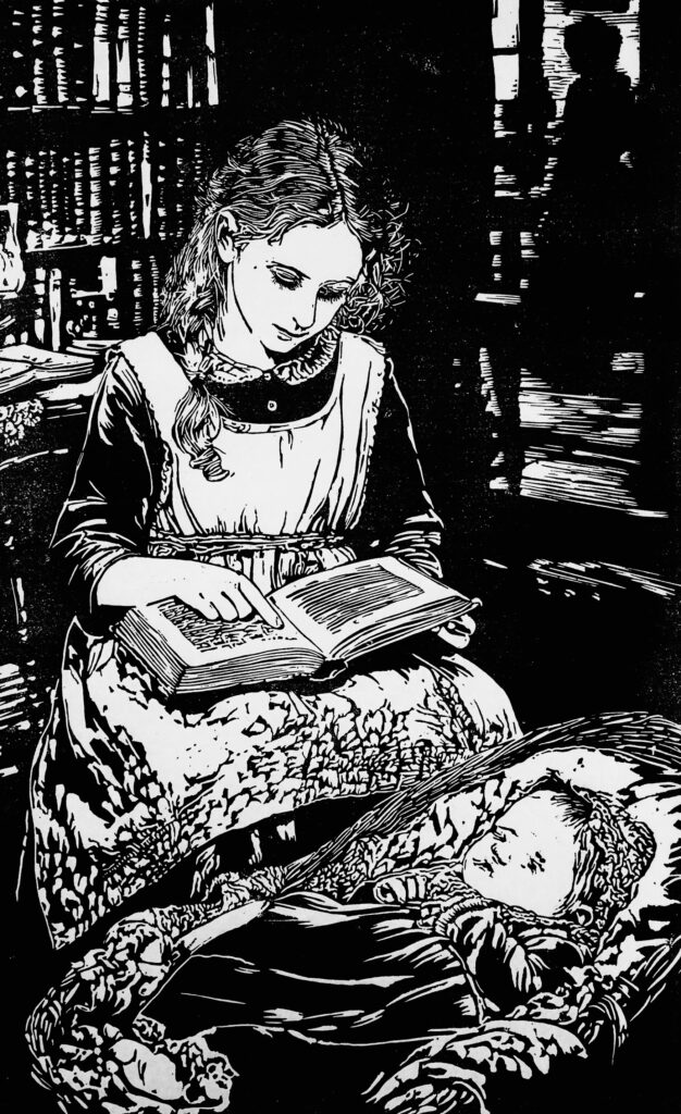 Black and white woodcut illustration woman reading to child