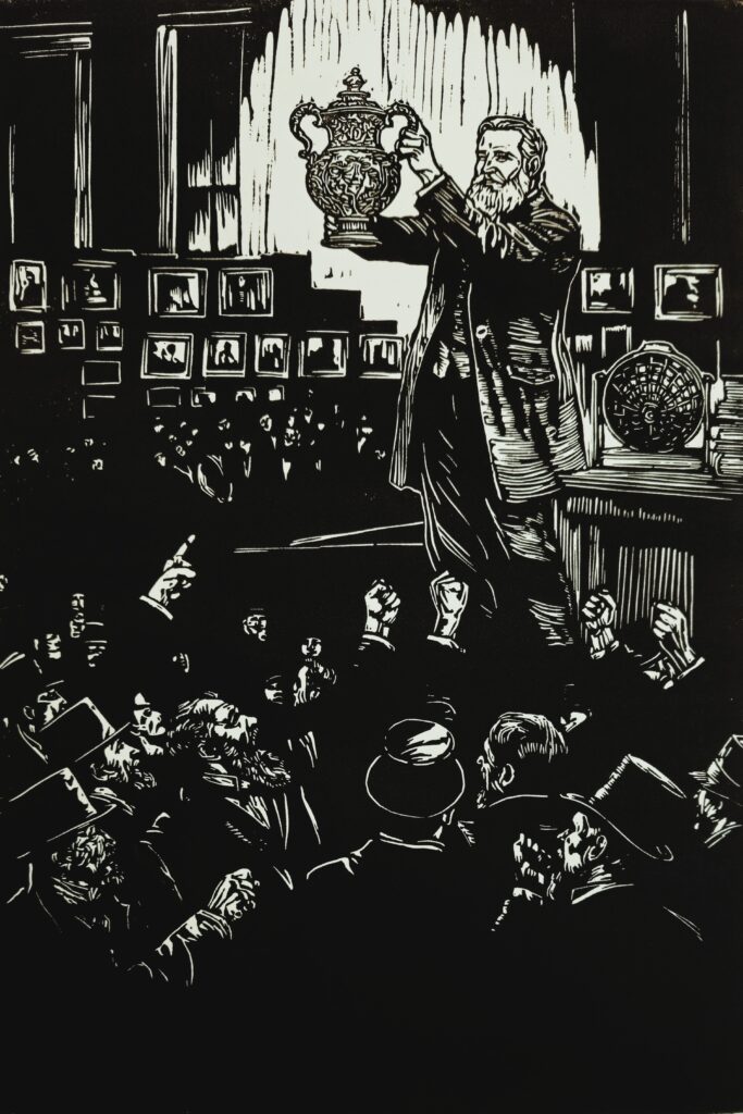 Victorian auctioneer holding ornate vase before seated crowd