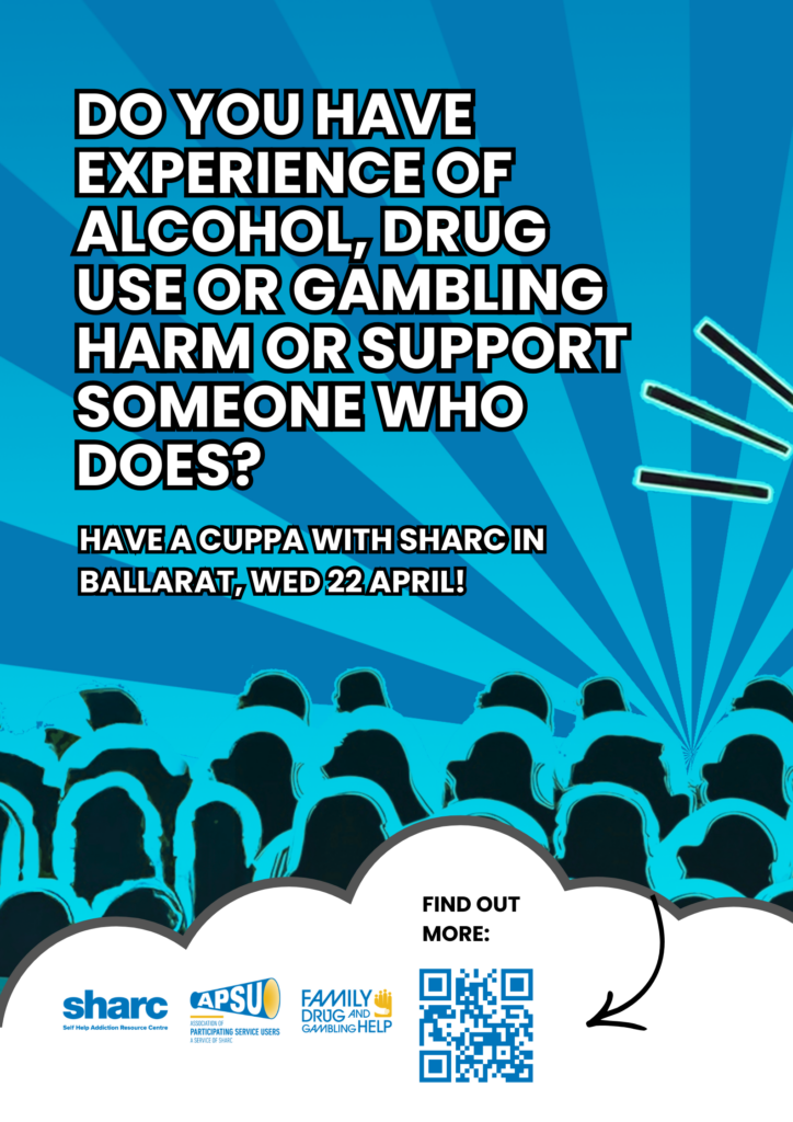 SHARC addiction support event poster with crowd silhouettes