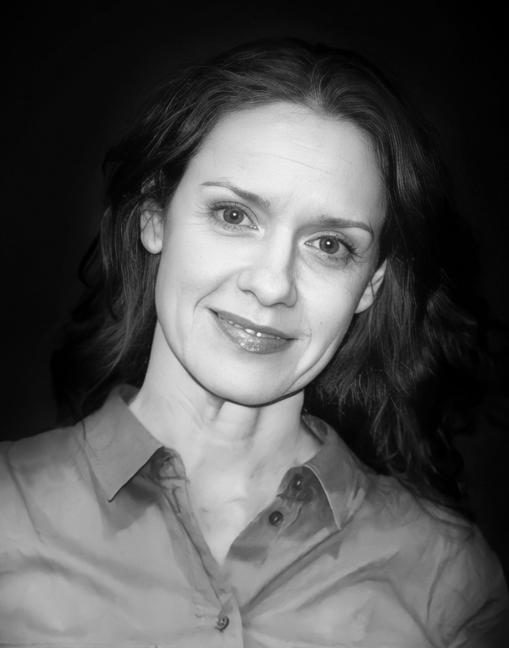 Black and white portrait of woman in collared shirt