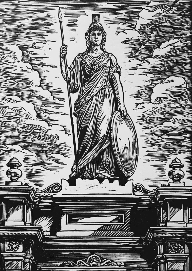 Classical warrior statue holding spear and shield woodcut