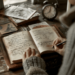 Person writing in vintage journal with vintage clock nearby