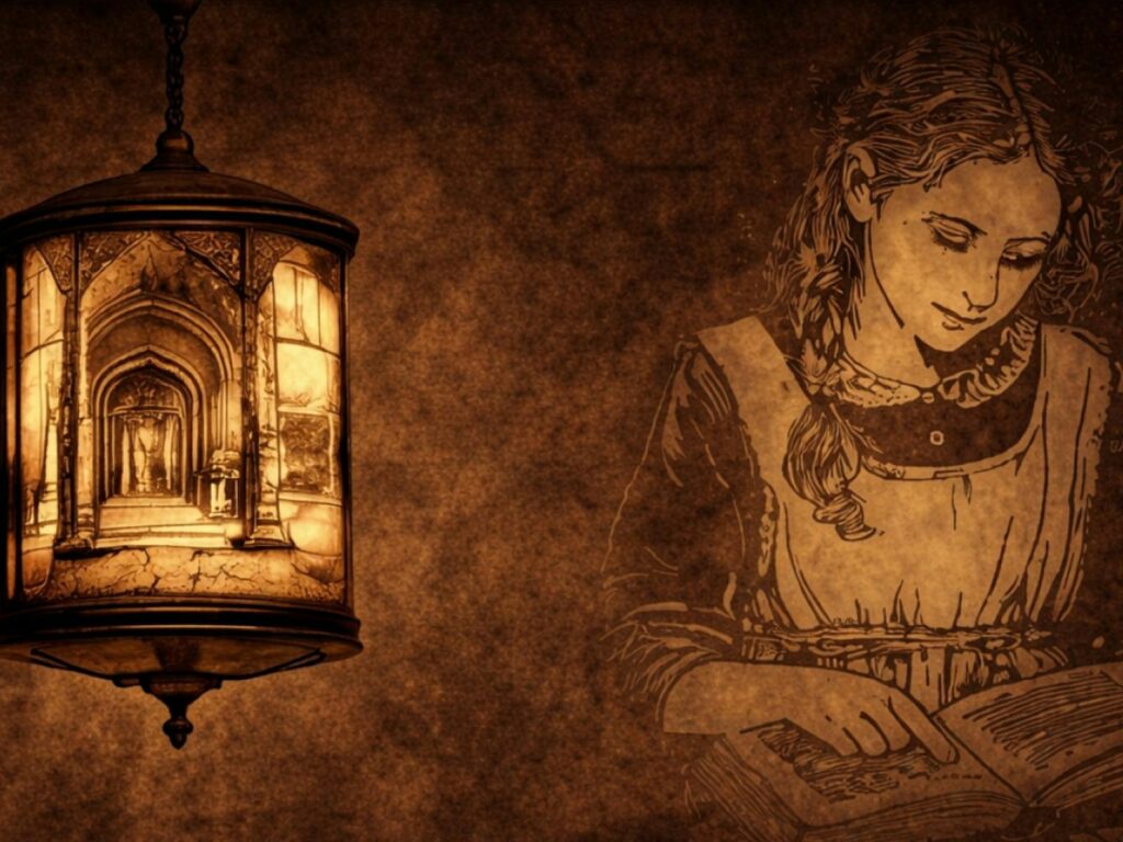 Woman reading by vintage lantern in sepia artwork