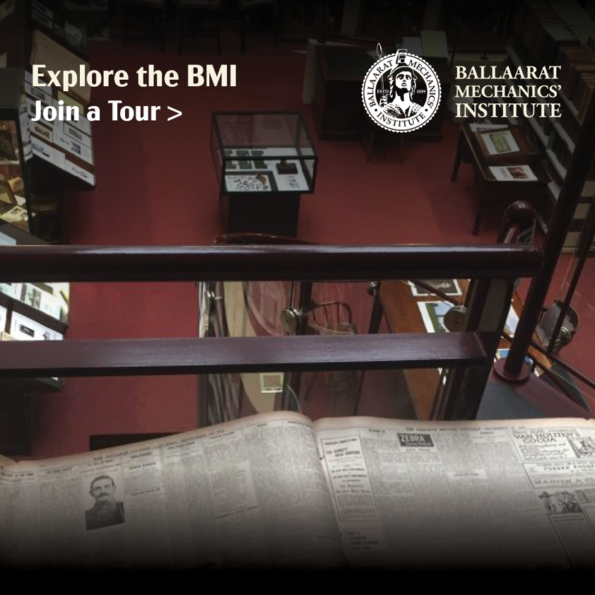 Ballarat Mechanics' Institute museum interior with vintage newspaper display