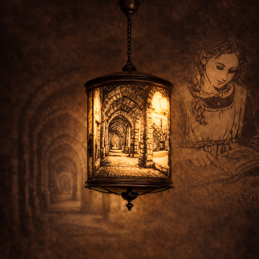 Ornate hanging lantern with gothic cathedral design illuminated