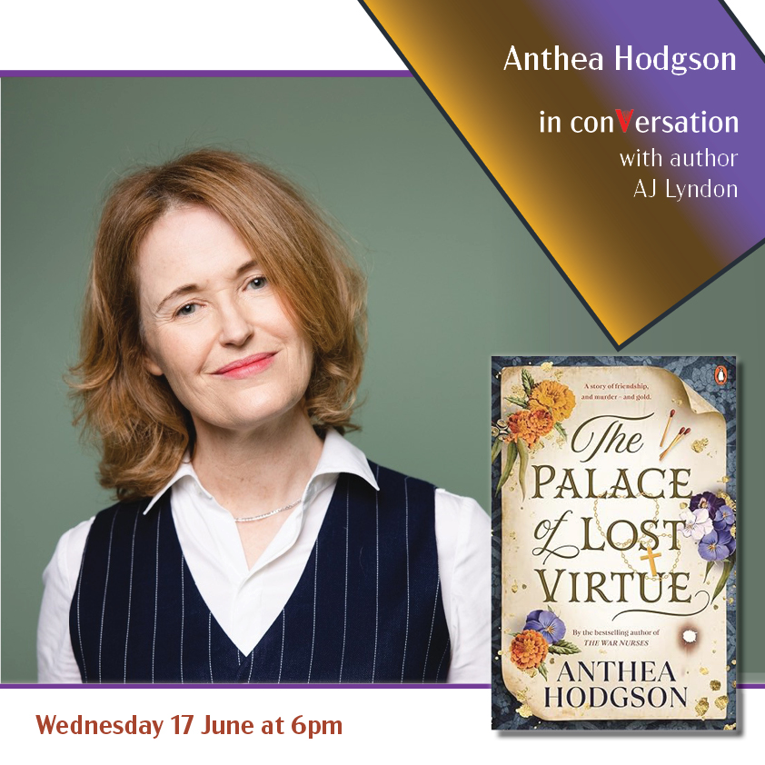 Author Anthea Hodgson with her book The Palace of Lost Virtue