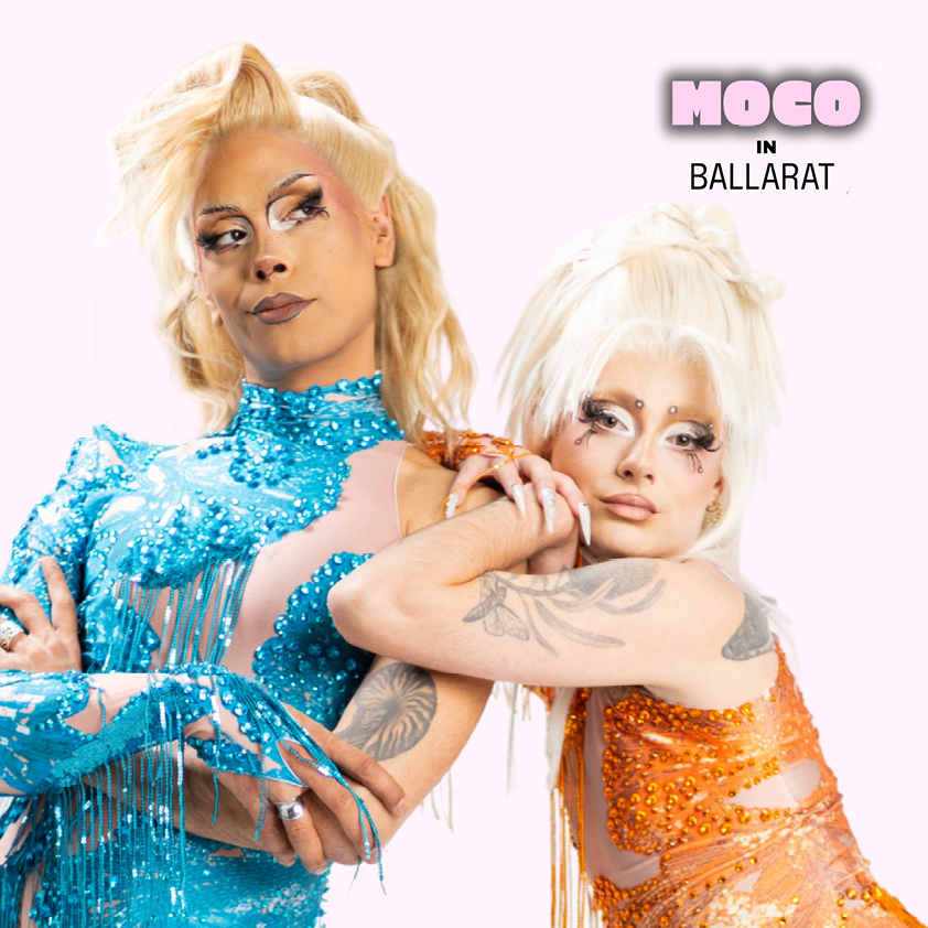 Two glamorous drag performers posing for MOCO in Ballarat