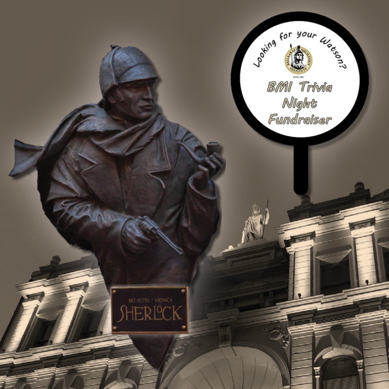 Sherlock Holmes statue promoting BMI Trivia Night Fundraiser
