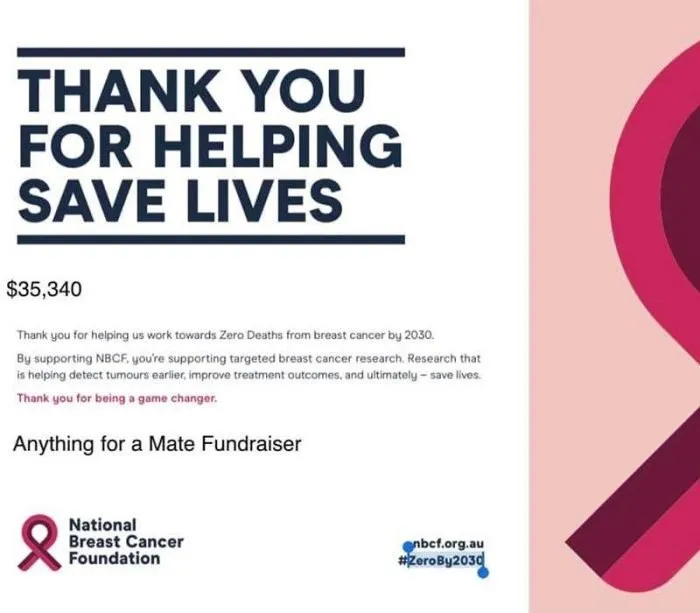 National Breast Cancer Foundation fundraiser thank you certificate raising $35,340