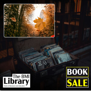 BMI Library book sale with vinyl records and autumn leaves