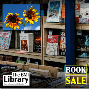 BMI Library book sale promotional image with sunflowers and bookshelves