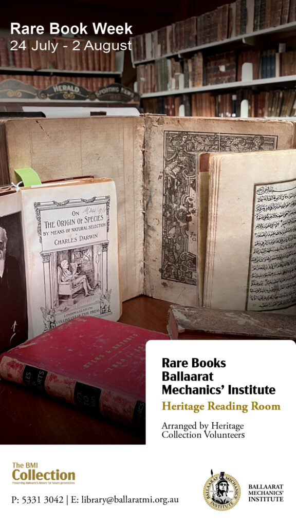 Rare books displayed at Ballaarat Mechanics' Institute Heritage Reading Room