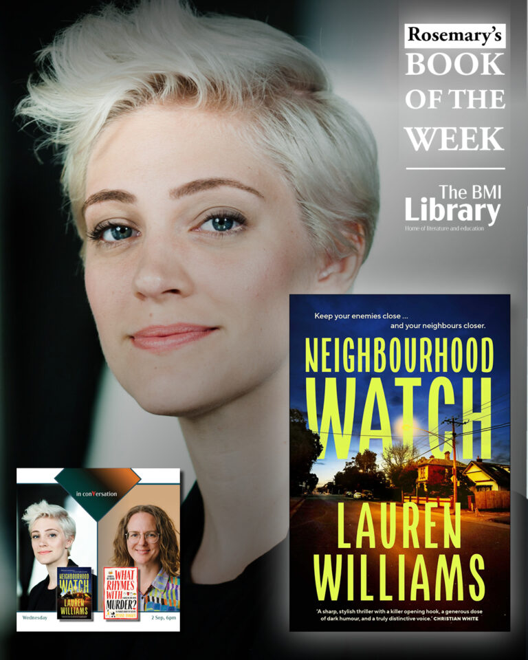 Author Lauren Williams with Neighbourhood Watch book cover