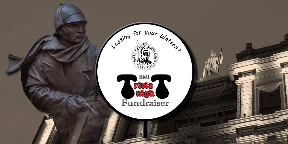 BMI Trivia Night Fundraiser promotional graphic with Sherlock Holmes statue