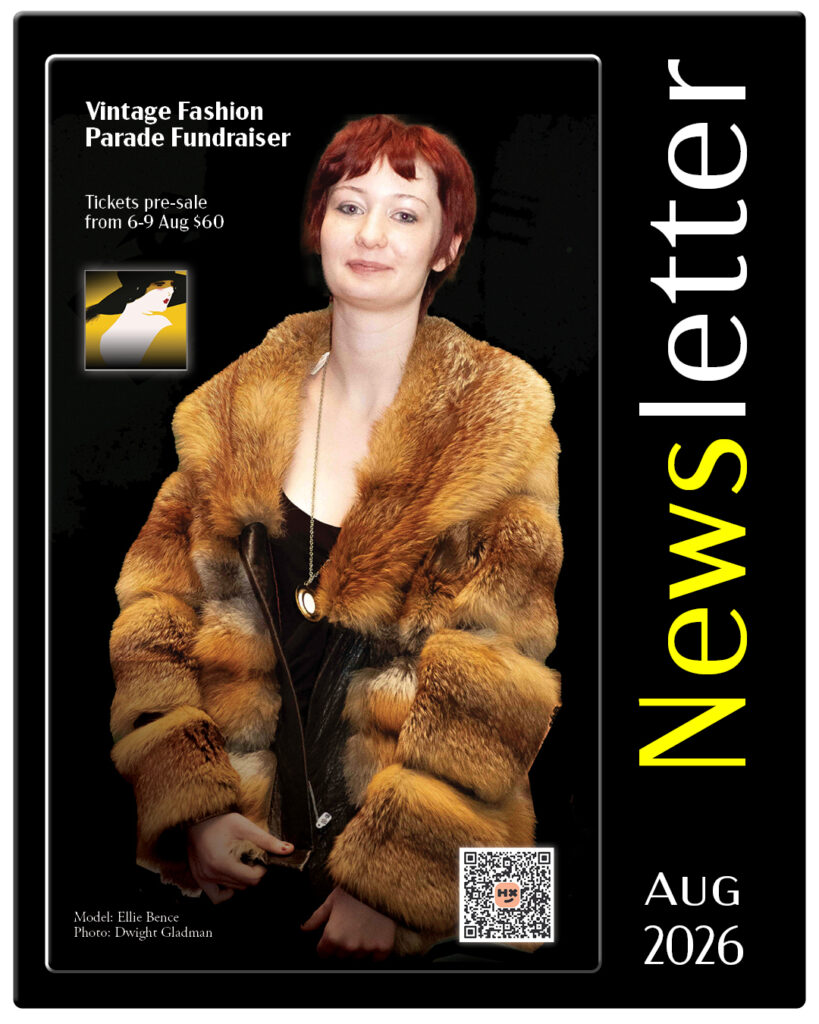Newsletter cover featuring model in vintage fur coat