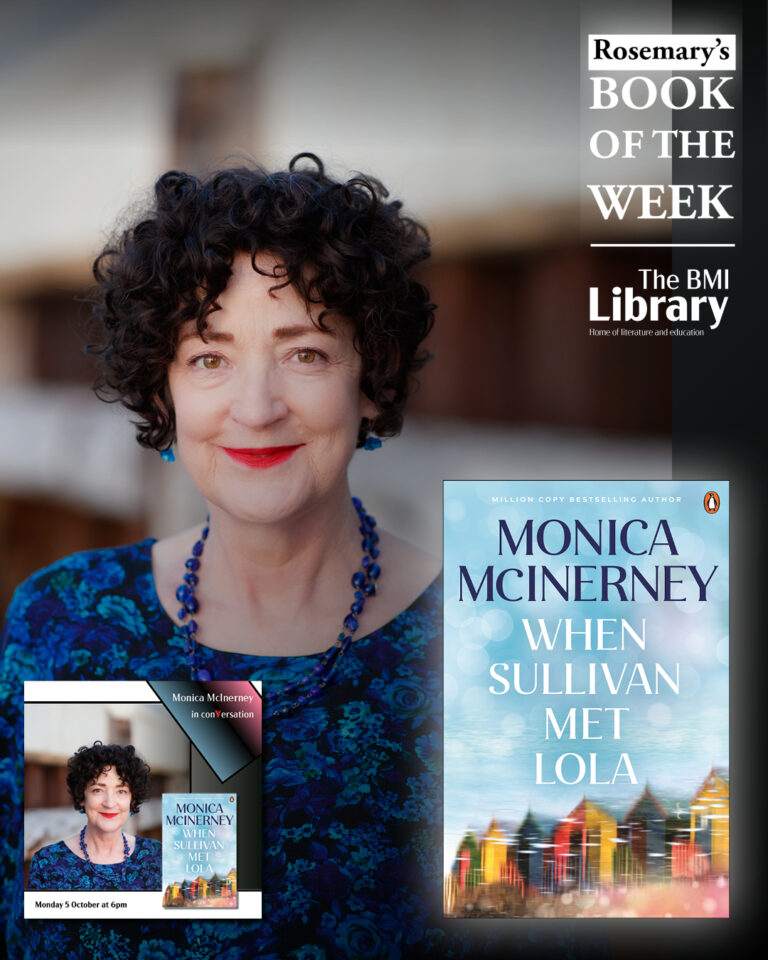 Monica McInerney author photo with When Sullivan Met Lola book cover