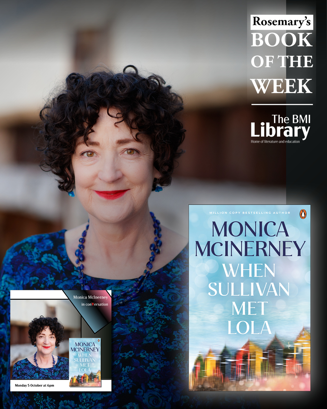 Monica McInerney author photo with When Sullivan Met Lola book cover