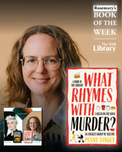 Penny Tangey author with What Rhymes With Murder book cover