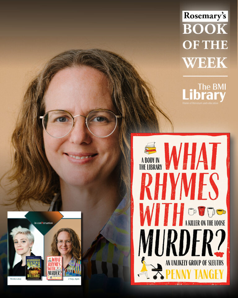 Penny Tangey author with What Rhymes With Murder book cover