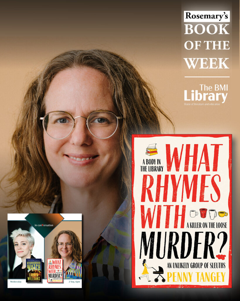 Penny Tangey author with What Rhymes With Murder book cover