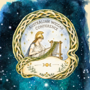 Australian Wiccan Conference logo with goddess weaving at loom