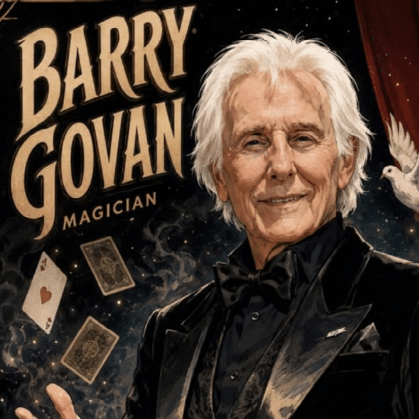 Barry Govan magician promotional poster with cards and dove