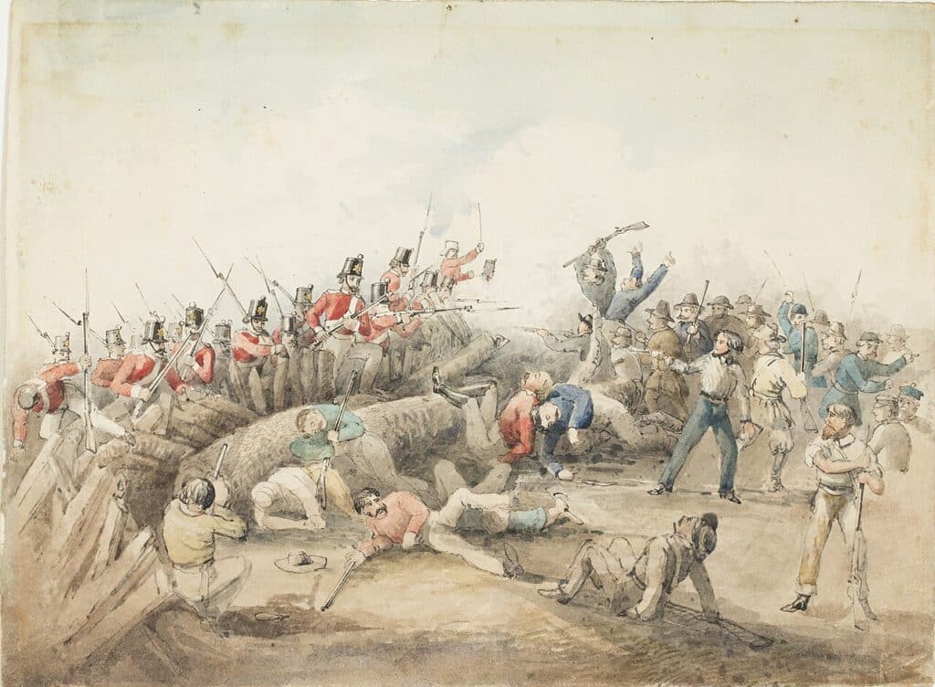 Watercolour painting of the Eureka Stockade battle 1854
