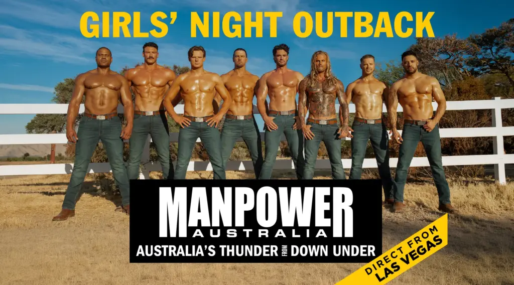 Manpower Australia male performers pose shirtless for Girls' Night Outback
