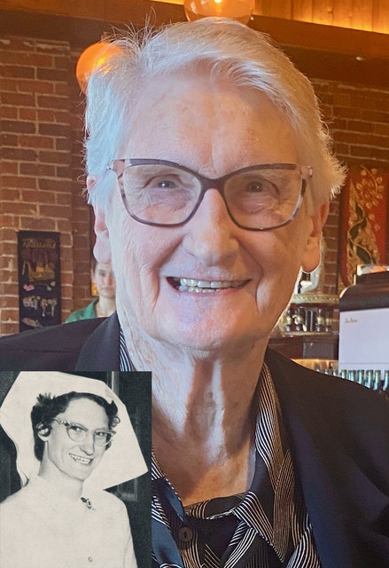 Elderly woman smiling with vintage black and white photo inset