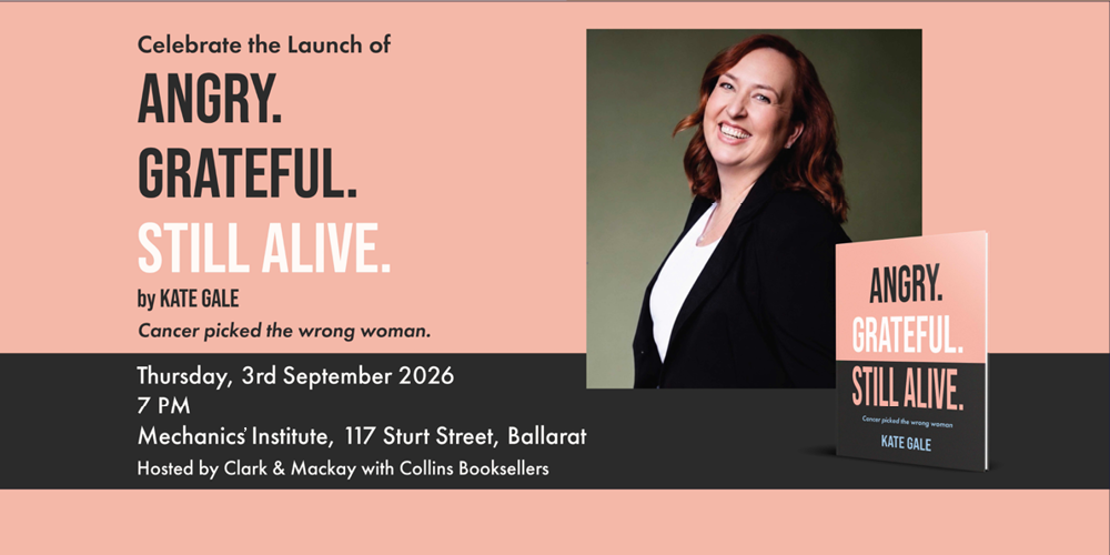 Book launch event poster for Angry Grateful Still Alive by Kate Gale