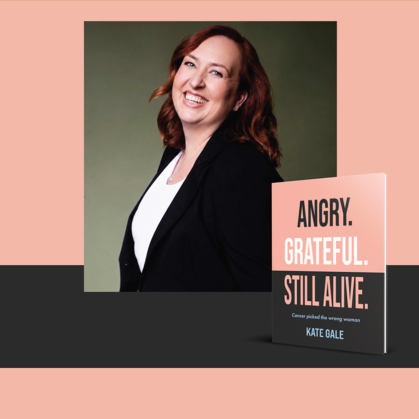 Author Kate Gale with her book Angry Grateful Still Alive